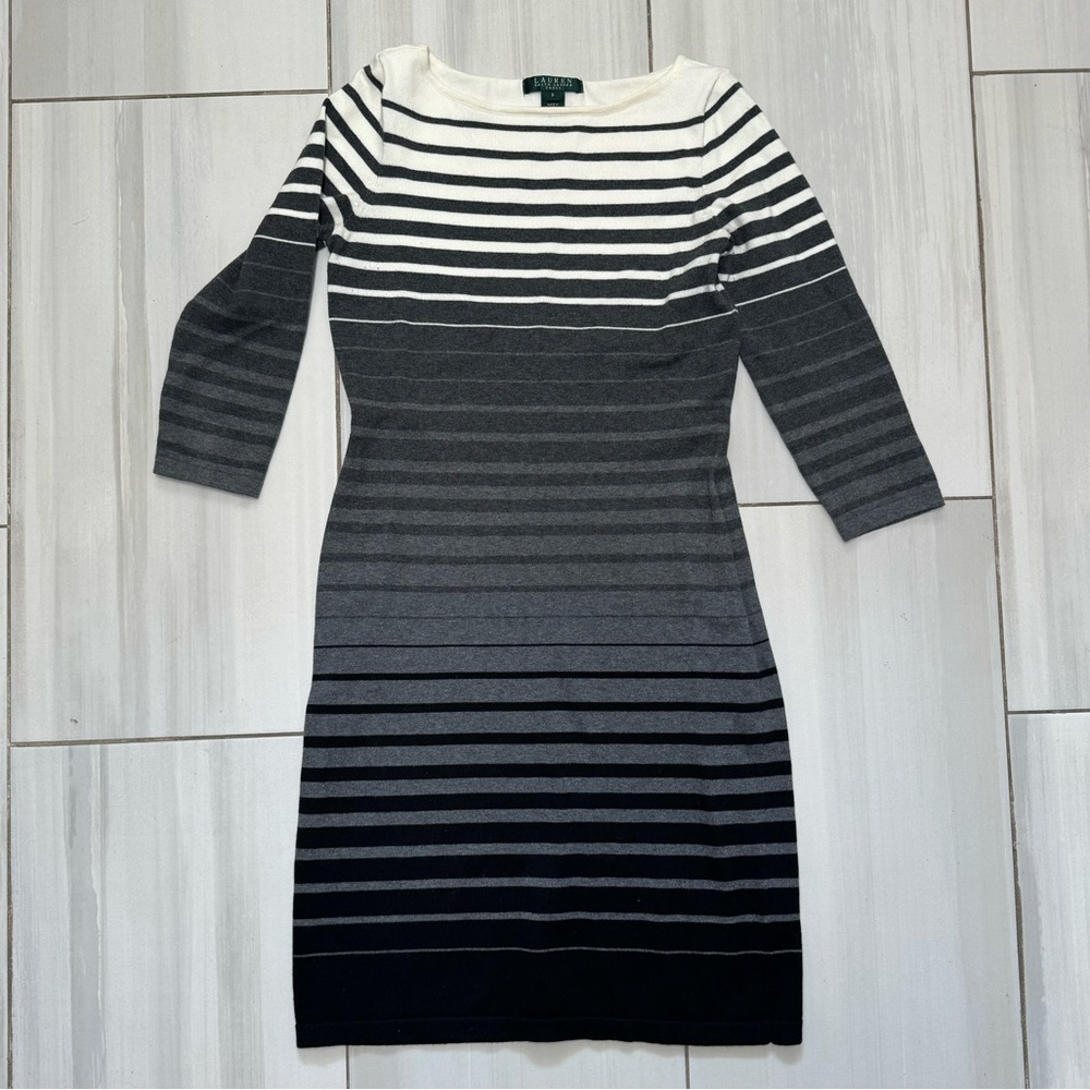 Lauren Ralph Lauren Dress Women Small Black White Gray Cotton Striped Sweater